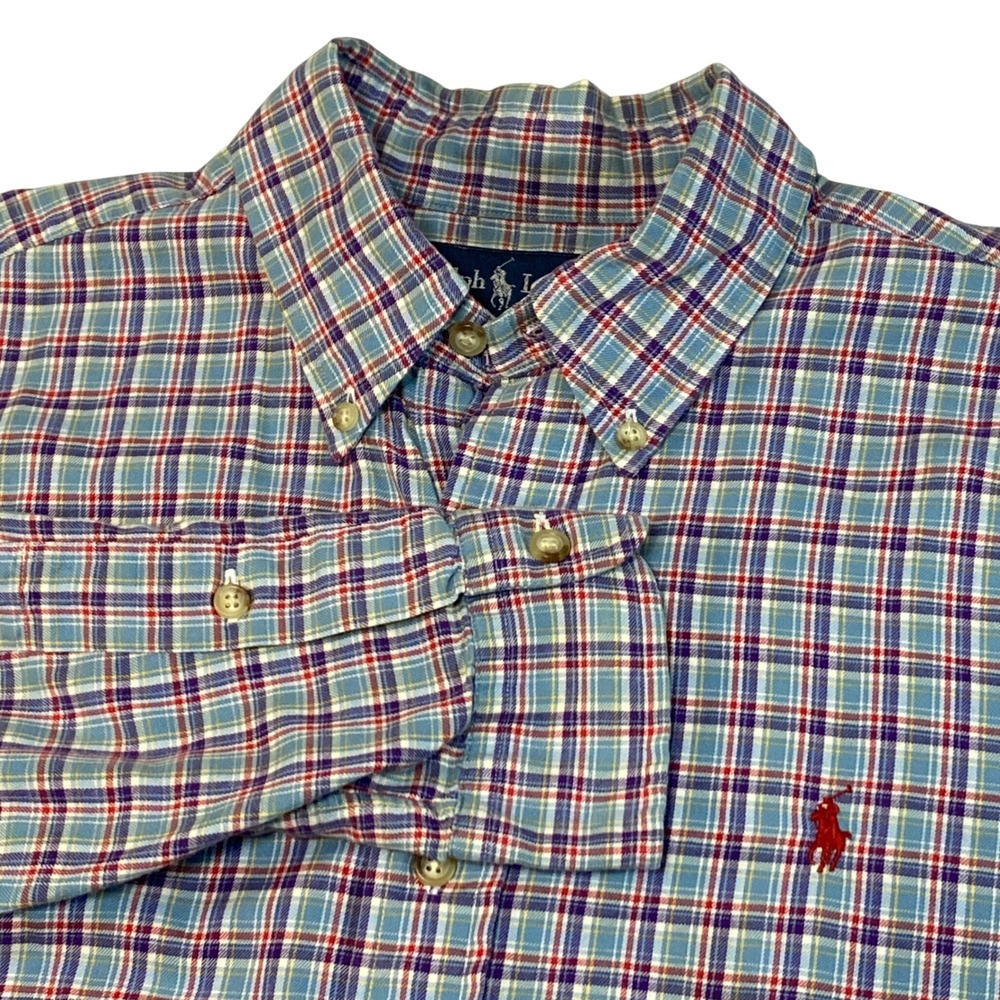 Ralph Lauren Classic Fit Plaid Button Down Shirt Mens Large Blue Purple Red Pony